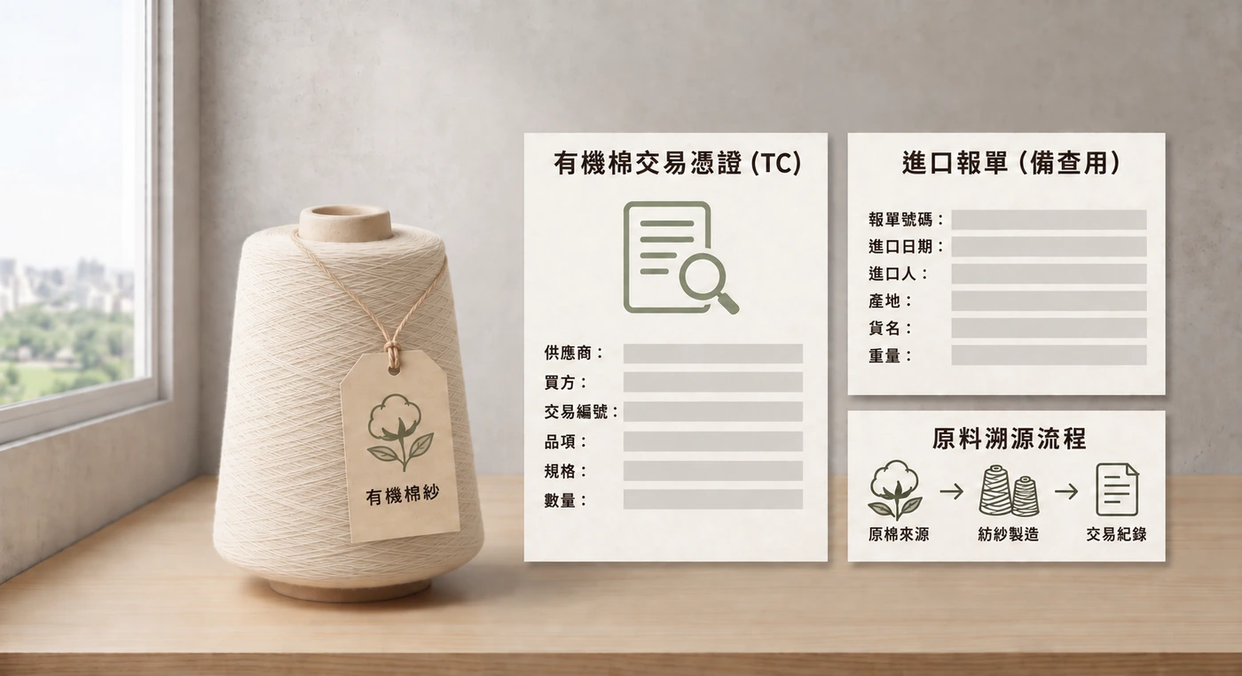 有機棉紗、交易憑證、進口報單與原料溯源流程示意圖